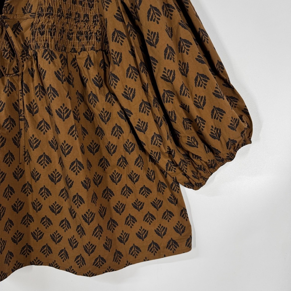 Gigio by Umgee Brown Medium Printed VNeck Blouse Balloon Sleeve Neutral Festival - Picture 4 of 10